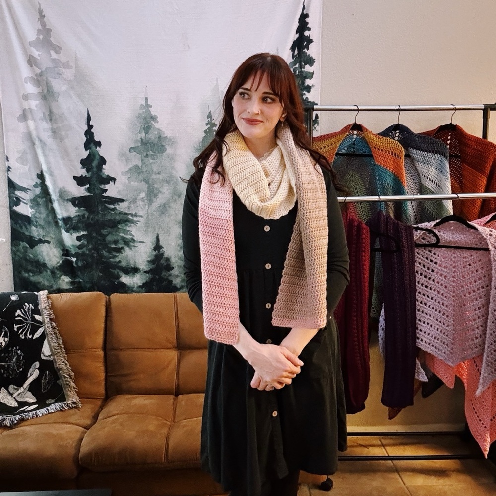 Extra-Long and Wide Pink, Cream, and Brown Crochet Scarf